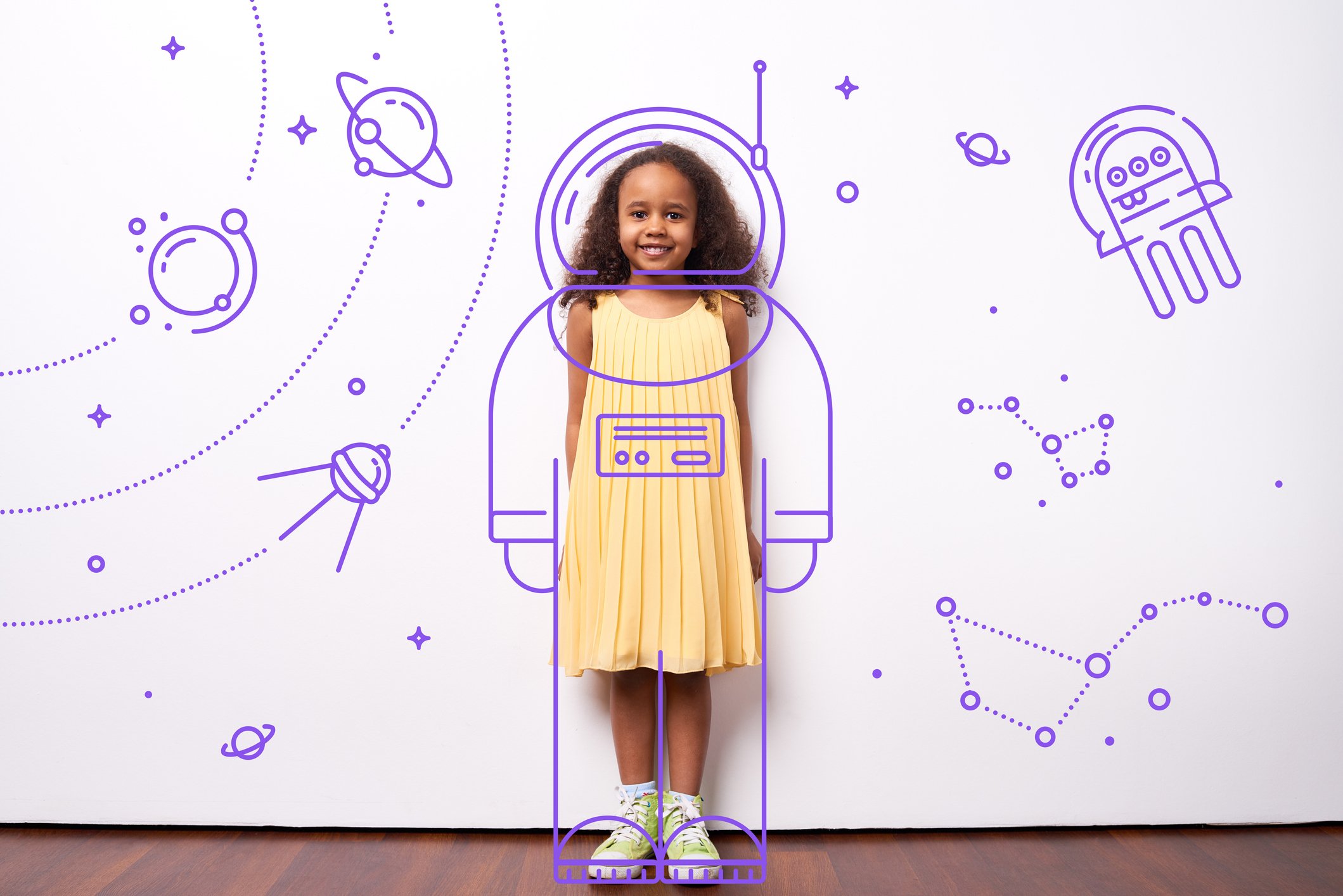 A young girl smiles with a space overlay including constellations, planets, and an astronaut uniform.
